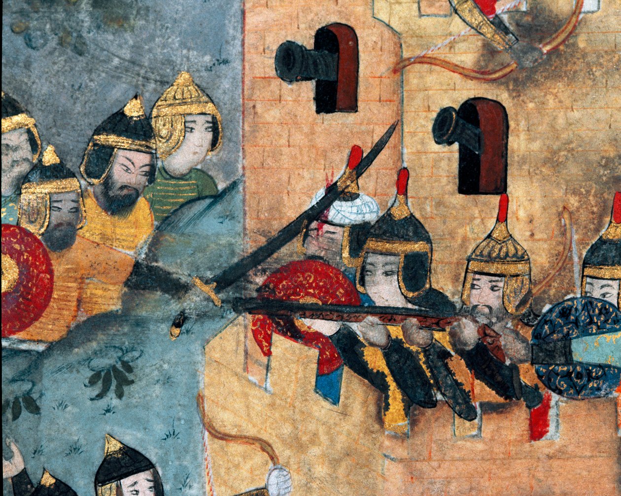Kampscene mellem den osmanniske hær af Murad III (1546-1595) (til venstre) og forsvarerne af en stærk Detail-tatar. Codex miniature R-1296. 16. århundrede Topkapi Sarayi Museum Library Istanbul af Ottoman School