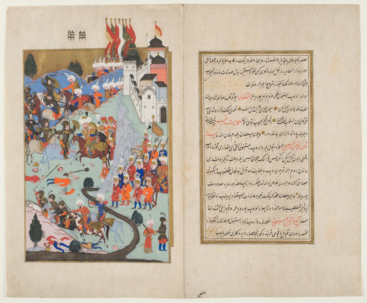 Bayezid I, The Thunderbolt, styrter korsfarerne i slaget ved Nicopolis, fra Hunernama (ugennemsigtigt wc og blæk på papir) af Ottoman School