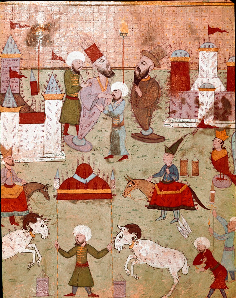 Festligheder organiseret i anledning af omskæringen af sønnen af den osmanniske sultan Murad II (Murat) (1404-1451), forberedelse af fyrværkeri Miniature fra det 16. århundrede Istanbul, Topkapi Sarayi Museum Library af Ottoman School