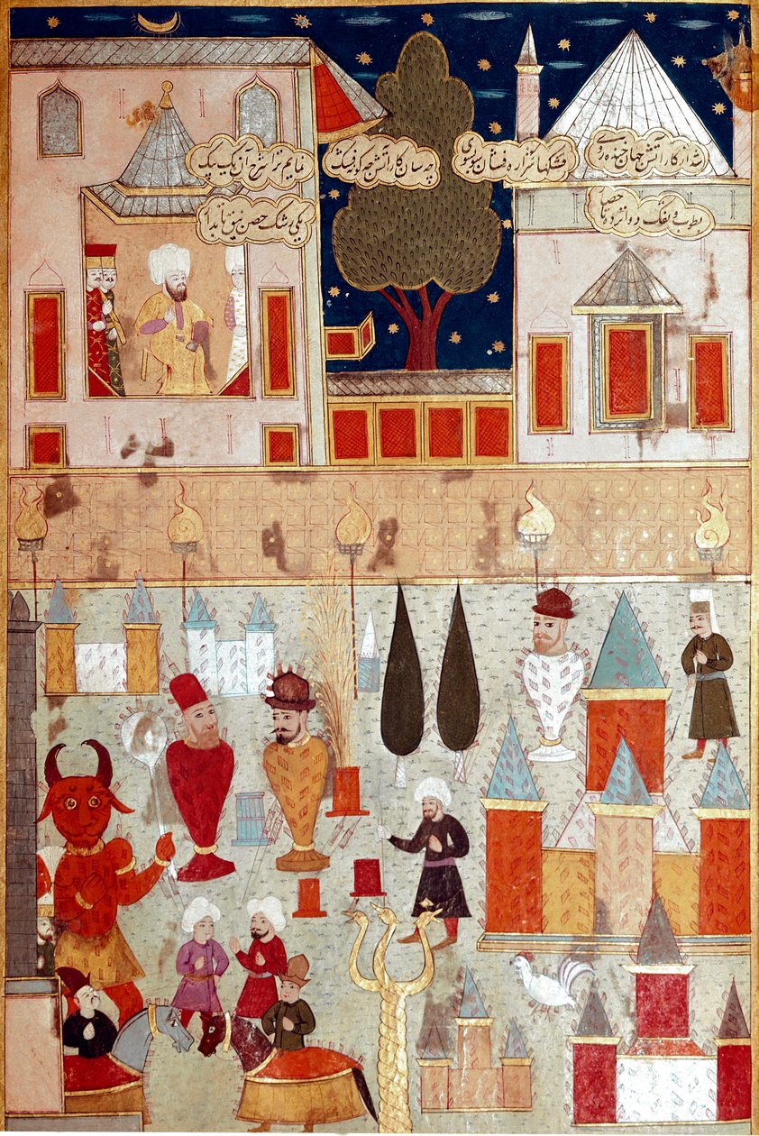 Festligheder organiseret i anledning af omskæringen af sønnen af den osmanniske sultan Murad II (Murat) (1404-1451), forberedelse af fyrværkeri Miniature fra det 16. århundrede Istanbul, Topkapi Sarayi Museum Library af Ottoman School