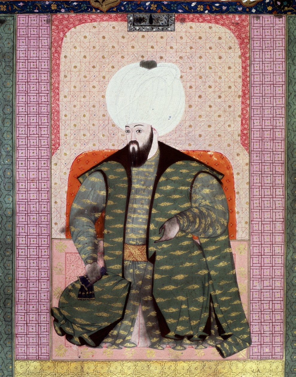 Det Osmanniske Rige: "" Portræt af den osmanniske sultan Bajazed (Bayezid, Bajazet, Bayazid) II den retfærdige (1447-1512)"" Miniature fra manuskriptet (Ms. 1973, folio 62a) "" Zubdat al Tawarikh" (Zubdat al Tawarikh) (Creme of Stories) af historikeren Sey af Ottoman School