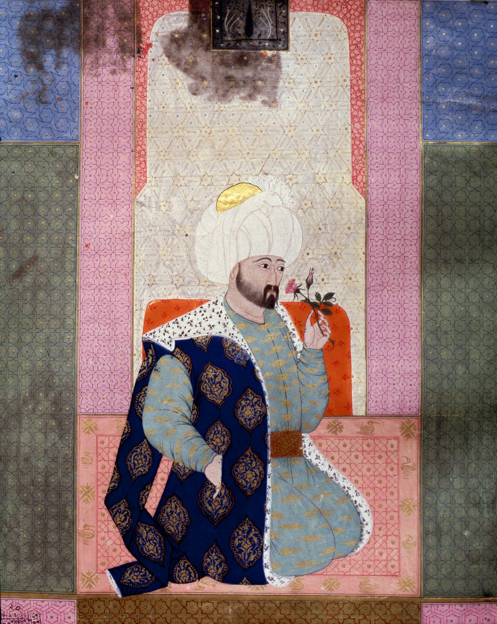 Det Osmanniske Rige: "" Portræt af den osmanniske sultan Mehmet (eller Mehmed eller Mohammed) Celebi I (1389-1421)"" Miniature fra manuskriptet (Ms. 1973, folio 62a) "" Zubdat al Tawarikh" (Zubdat al Tawarikh) (Creme) of Stories) af historikeren Seyyid Loq af Ottoman School