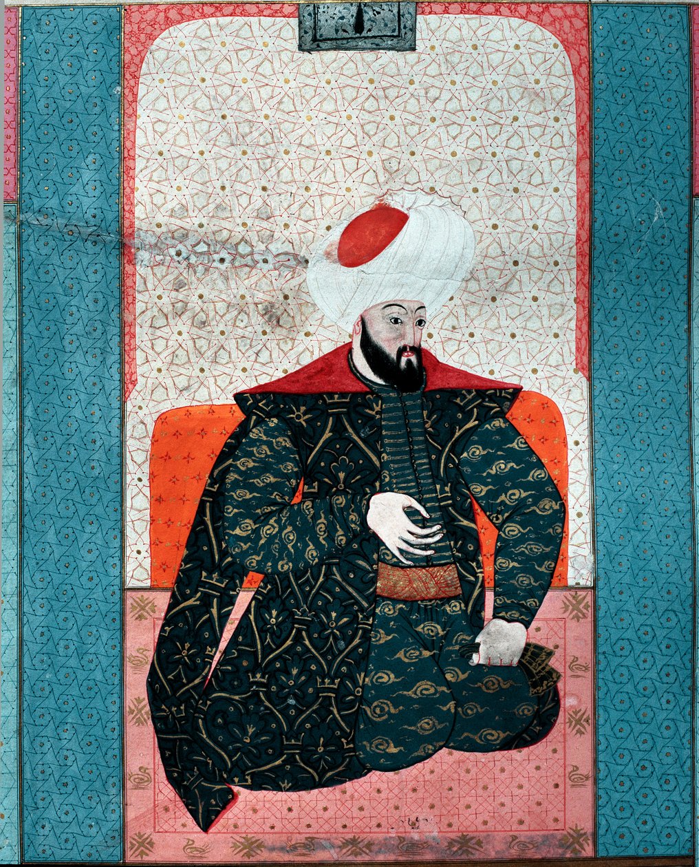 Det Osmanniske Rige: "" Portræt af Sultan Osman I (Osman Gazi rahimahu llah) (1258-1326)"" Miniature fra "Zubdat al Tawarikh"" (Ms. 1973, fol. 59a) af Seyyyd Lokman Ashuri 1583 Istanbul, Tyrkisk Kunstmuseum af Ottoman School