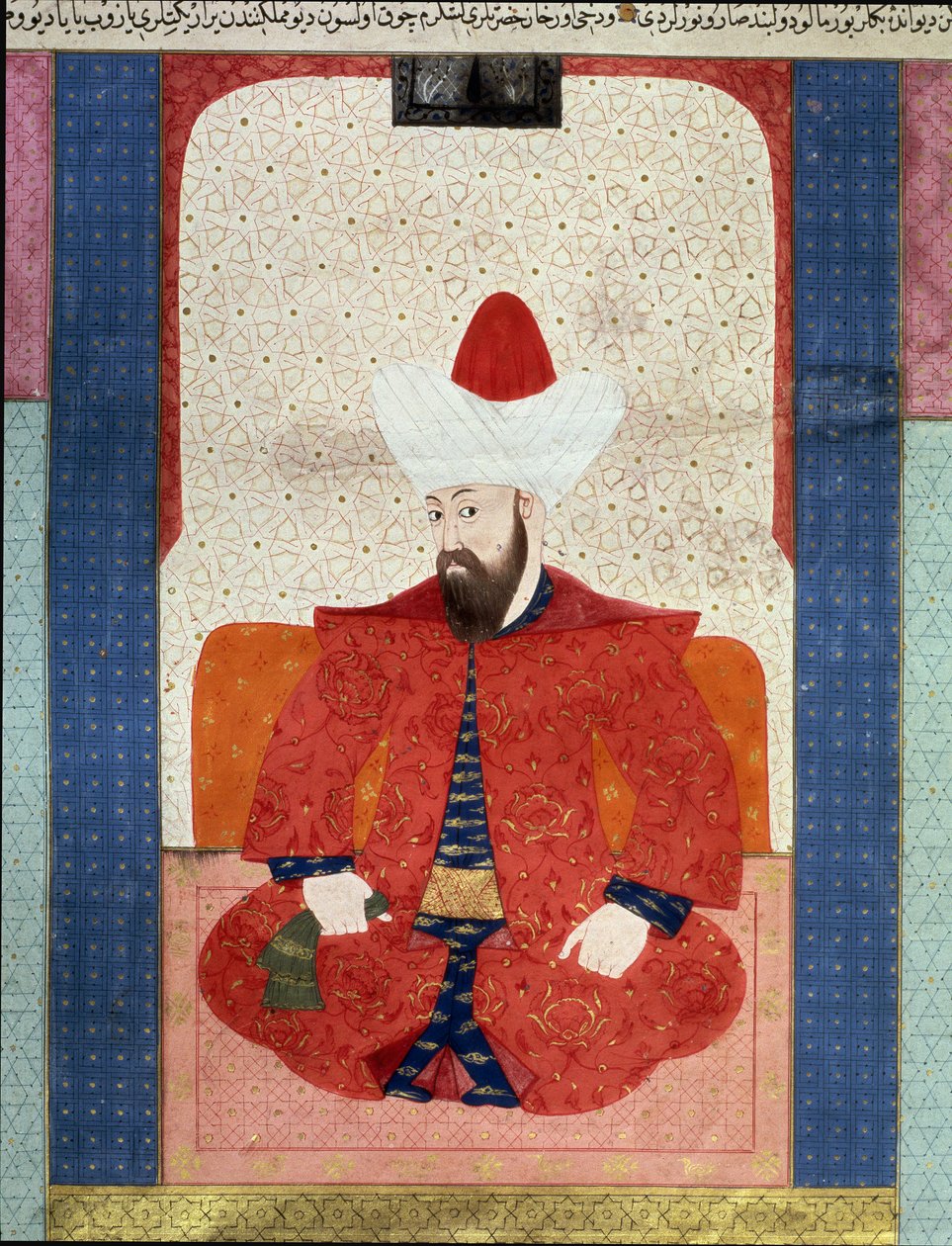 Det Osmanniske Rige: "" Portræt af Sultanen fra det Osmanniske Rige Orhan (Orkhan eller Urchan) I (1281-1360)"" Miniature fra "" Zubdat al Tawarikh"" (Ms. 1973, fol. 59b) af Seyyyd Lokman Ashuri 1583 Istanbul, tyrkisk-islamisk kunstmuseum af Ottoman School