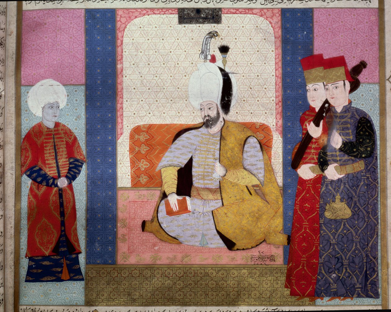 Osmannerriget: "" Sultan Murad III (1546-1595) omgiver hofmænd""" Miniature fra "Zubdat al Tawarikh"" (Ms. 1973, fol. 59b) af Seyyd Lokman Ashuri 1583 Istanbul, Tyrkisk-islamisk kunstmuseum af Ottoman School