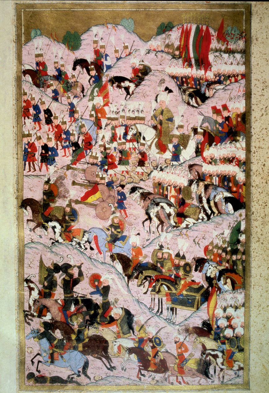 Det Osmanniske Rige: "" Sultan Soliman (Suleyman) Jeg sagde det storslåede i slaget ved Mohacs den 29/08/1526 mod hæren fra kongeriget Ungarn, kommanderet af kong Louis II""" Miniature fra "Hunername" af Lokman, vol. 1 (H 1523, f.256b) 1584 Topkapi S af Ottoman School