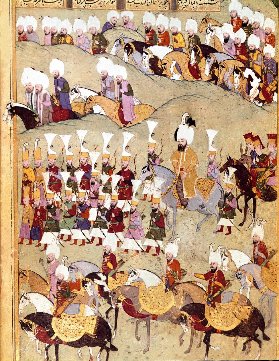 Det Osmanniske Rige: "" repræsentation af den osmanniske sultan Murad II (Murat) (1404-1451) og hans Armee under invasionen af Persien""" Manuskript miniature ms. FY 1404 "" Sehinsahname"" (eller Shahinshah-nameh eller Shahinshah-nameh, Shahinshah nama, Sh af Ottoman School