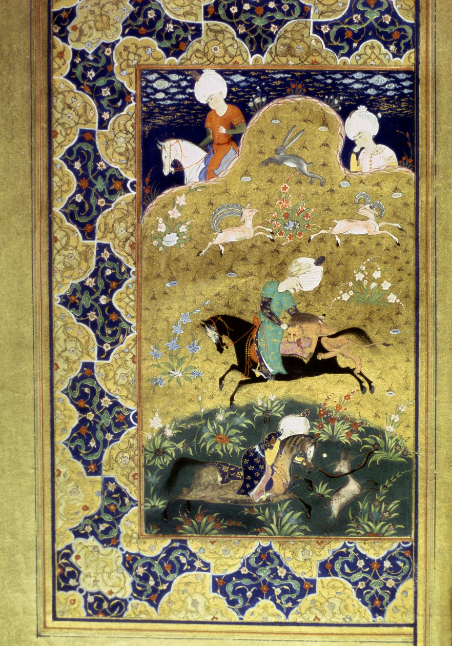 Det Osmanniske Rige: repræsentation af Sultan Selim I kaldte den Forfærdelige (1470-1520) til hest under et jagtspil, der kæmpede mod en guepard. Miniature fra "Divanen" (digtsamling) skrevet af Sultan Selim I. (Ms. FY1330, fol. 58a) 1500-tallet. af Ottoman School