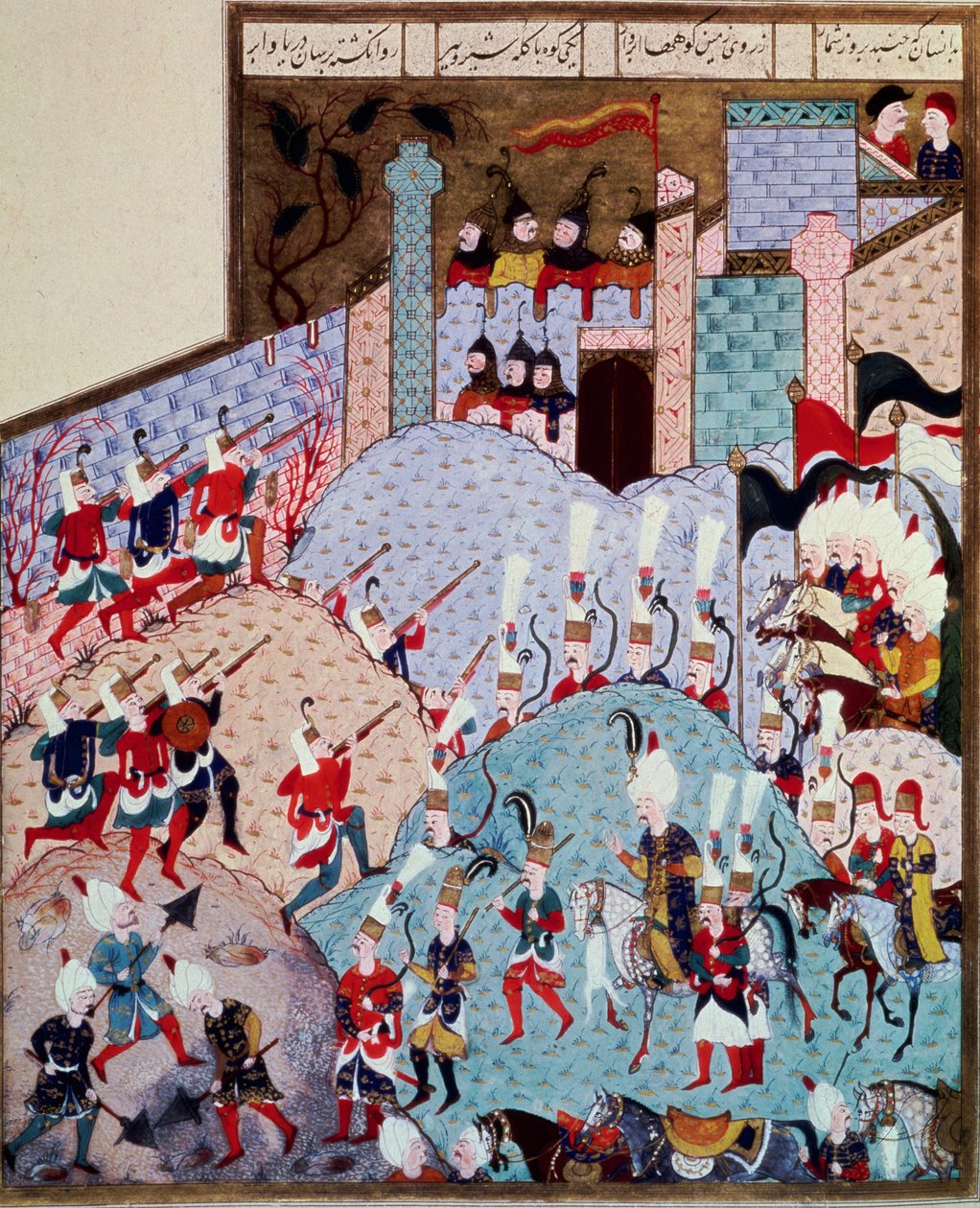 Det Osmanniske Rige: repræsentation af Sultan Soliman (Suleyman) Jeg sagde den storslåede (1520-1566) og hans hær angriber en befæstet by 