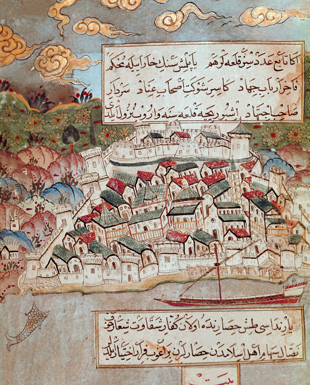 Osmannerriget: repræsentation af en befæstet by på bredden af Donau erobret af Soliman (Suleyman) Jeg sagde den storslåede (1520-1566) under hans march mod Budapest og Wien (1526-1529). 1500-tals miniature. Topkapi Sarayi Istanbul af Ottoman School