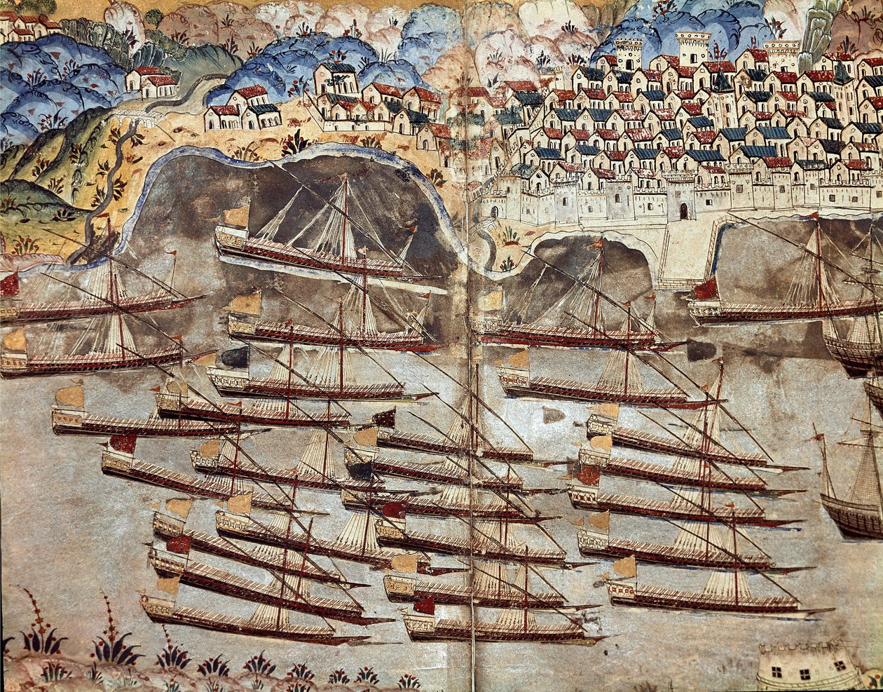 Osmannerriget: repræsentation af Barberossas flåde (Khizir Khayr ad-din (Barbaros Hozor Hayreddin Pasha eller Pasa eller Chair ad Din, Chaireddin eller Cheireddin) (1466-1546), kaper, vendt mod byen Nice 
