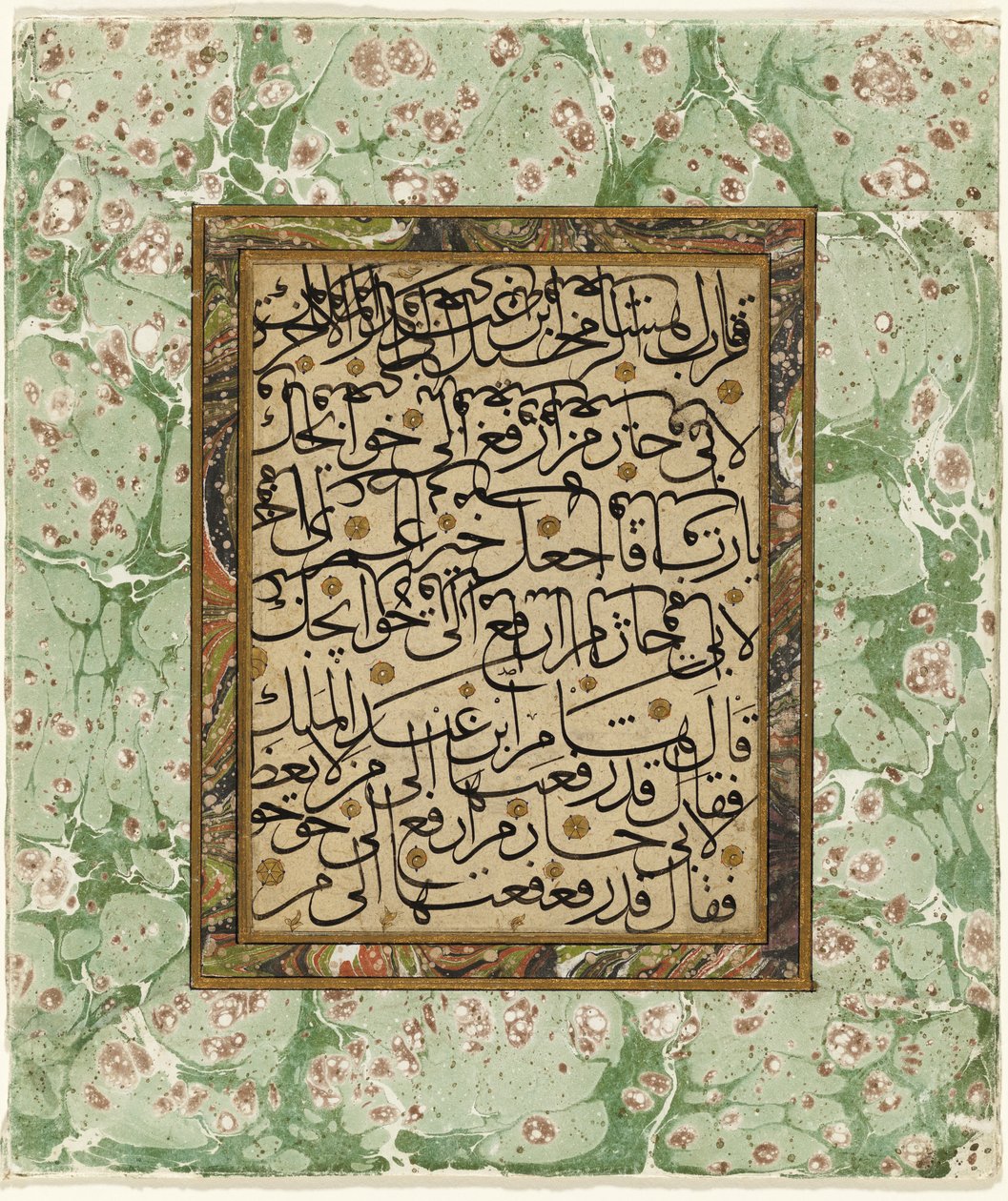 Side med kalligrafi (blæk og guld på papir med marmoreret kant) af Ottoman School