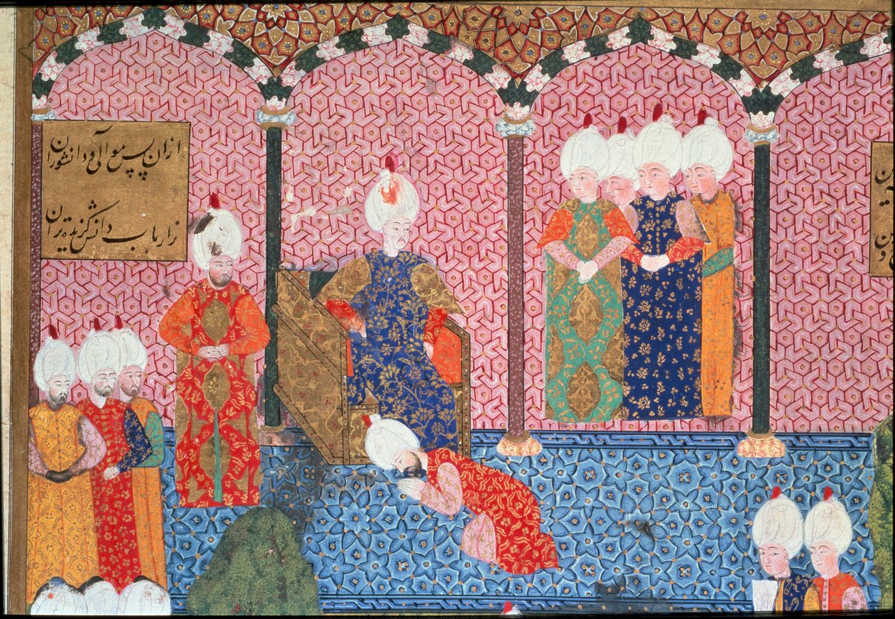Portræt af Soliman (Suleyman) I den storslåede (1494-1566), Sultan Ottoman omgiver sit hof ved ceremonien for tiltrædelse af trondetaljen. Miniature taget fra 