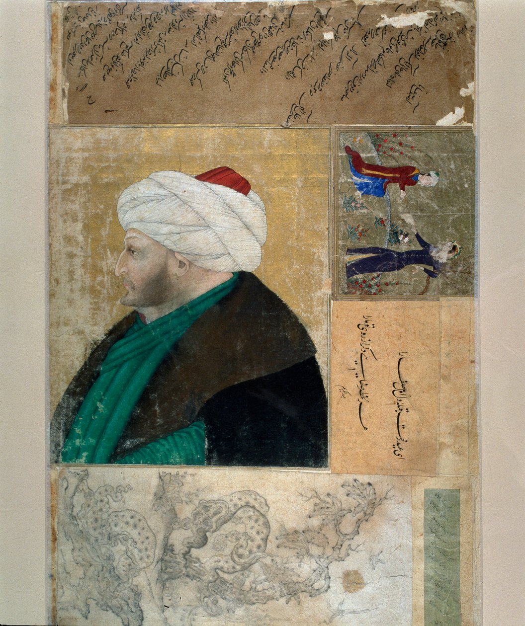 Portræt af sultanen fra Det Osmanniske Rige Mehet II (Mehmet II Erobreren eller Mehmed II Fatih) (1430-1481) Tyrkisk miniature fra manuskriptet Ms. H. 2153, folio 145b. Slutningen af det 15. århundrede. Istanbul, Biblioteca Topkapi Sarayi af Ottoman School