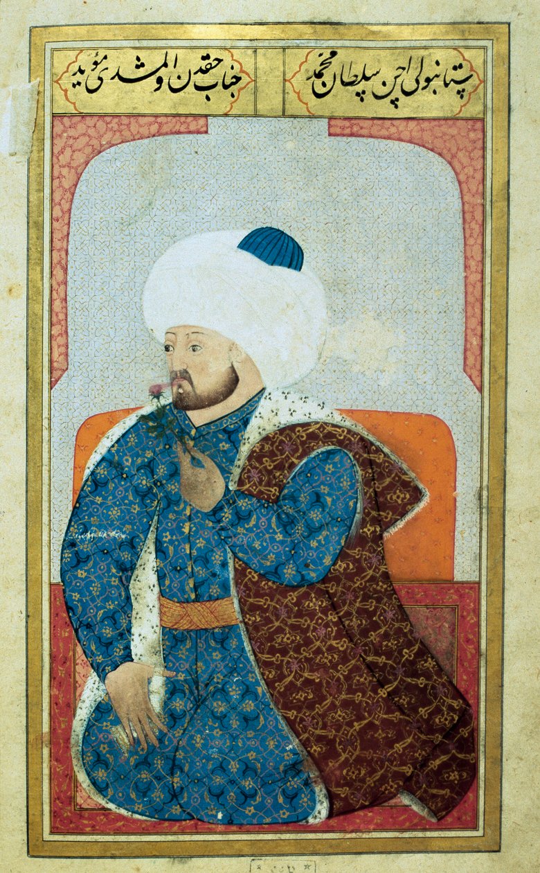Portræt af sultanen fra det osmanniske imperium Mehet II (Mehmet II erobreren eller Mehmed II Fatih) (1430-1481) Miniature fra manuskriptet "" Menneskelig fysiognomi (Om osmannernes personlige dispositioner) af Seyyid Lokman Hussein. (Ms. ty6087 folio af Ottoman School