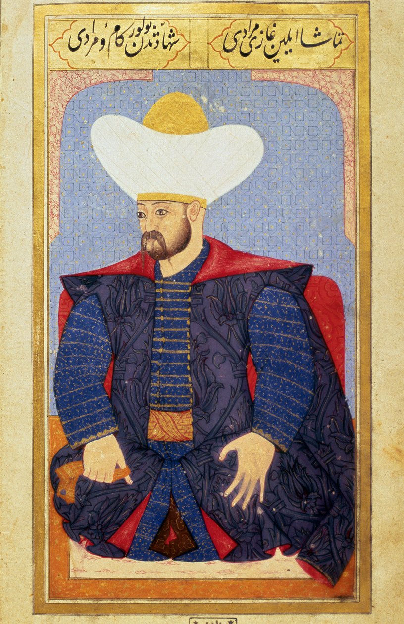 Portræt af sultanen fra det osmanniske imperium Murad I (1326-1389) Miniature fra manuskriptet "" Menneskelig fysiognomi (Om personlige arrangementer af osmannerne) af Seyyid Lokman Hussein. (Ms. ty6087 folio 27b) af Ottoman School