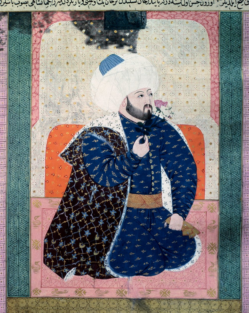 Portræt af sultanen fra Det Osmanniske Rige Mehet II (Mehmet II Erobreren eller Mehmed II Fatih) (1430-1481) Miniature fra manuskriptet (Ms. 1973, folio 62a) "Zubdatat-al Tawarikh" (Zubdat al-Tawarikh) ( Creme of Stories) af historikeren Seyyid Loqman As af Ottoman School