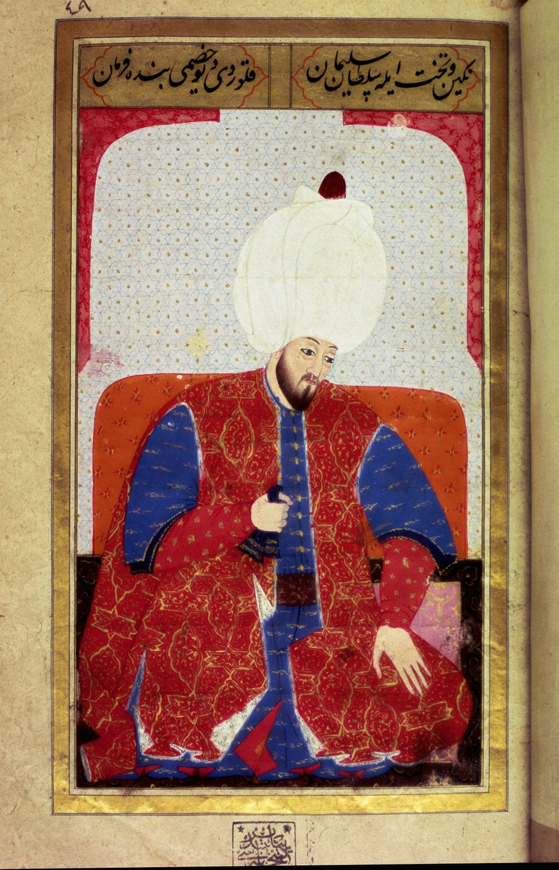 Soliman (Suleyman) I den storslåede (1494-1566), Sultan Ottoman Miniature fra manuskriptet "" Human Physiognomy (Om personlige arrangementer af osmannere) af Seyyid Lokman Hussein. (Ms. ty6087 folio 27b) af Ottoman School