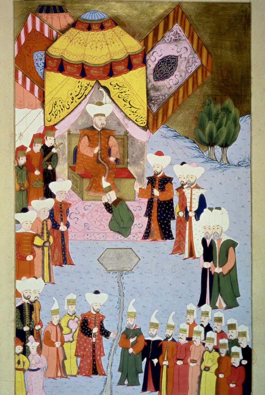 Sultan Bayezid (eller Bajazet) I (1360-ca. 1402) har sin Miniature Court fra "Hunername" af Lokman, vol. 1 (H 1523, f.7) 1584 Topkapi Sarayi Museum Library Istanbul af Ottoman School