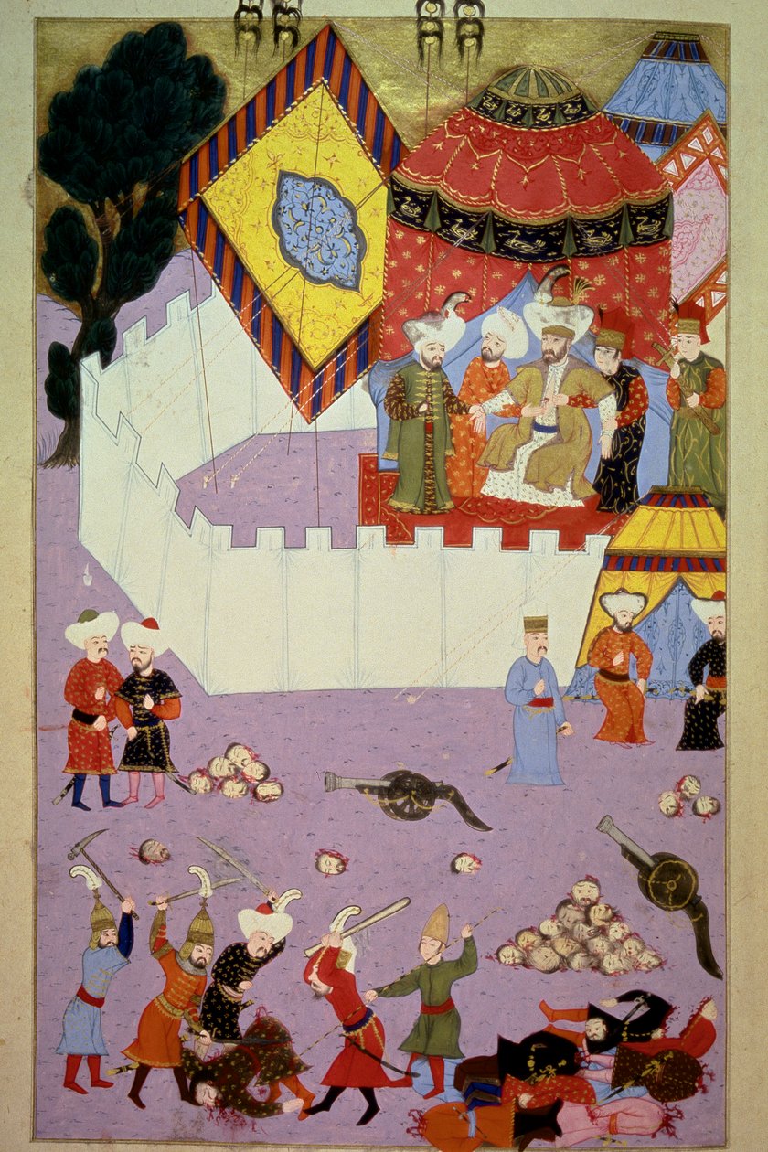 Mordet på Sultan Murad I (1326-1389) af den serbiske ridder Milos Obilic (Kobilic eller Kobilovic) (død 1389) i slaget ved Kosovo efter osmannernes sejr over serbernes miniature fra Lokmans "Hunername", bd. 1 (H 1523, f.7) 1584 To af Ottoman School