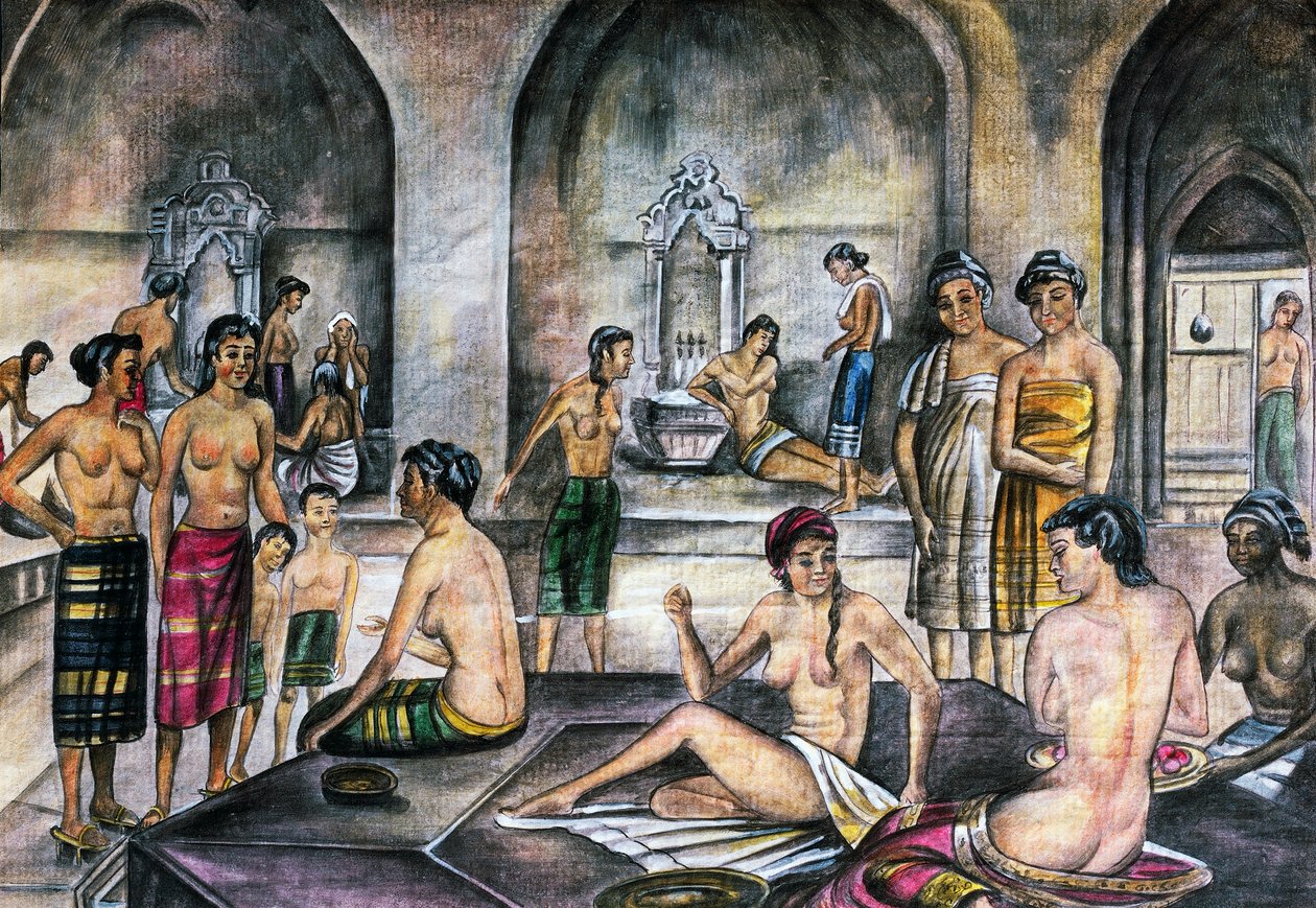 Tyrkisk bad, akvarel, osmannisk civilisation af Ottoman School