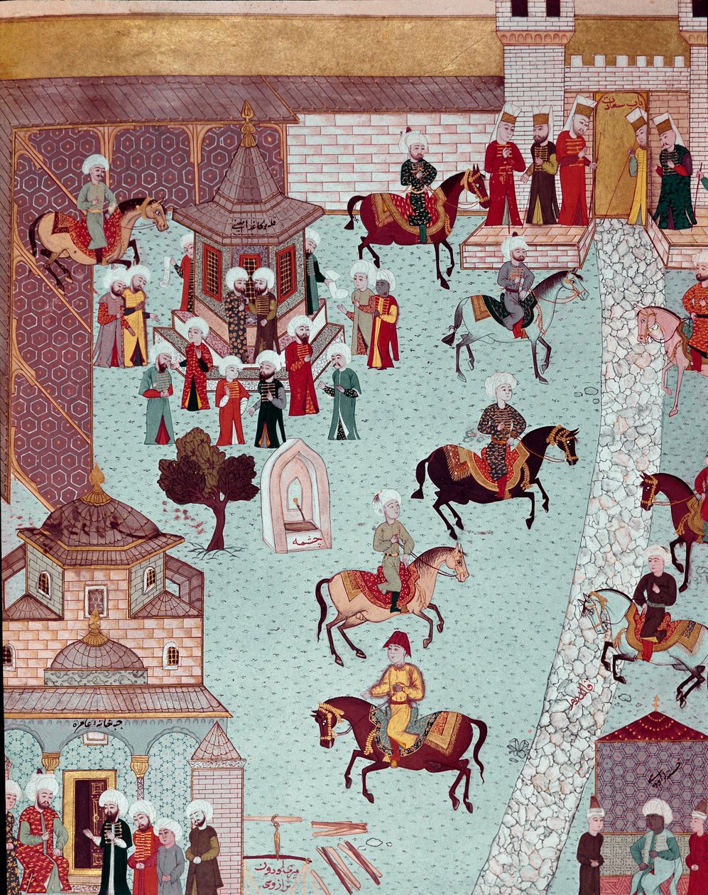 Udsigt over kirken St. Irene (Saint Irene), porten til Serail og sultanernes palads i Konstantinopel Miniature fra det 17. århundrede. Topkapi Sarayi Istanbul af Ottoman School