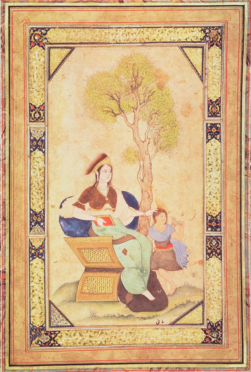 Kvinde siddende med en ung pige i en have, fra Album de pieces calligraphie et de miniatures (miniature) af Ottoman School