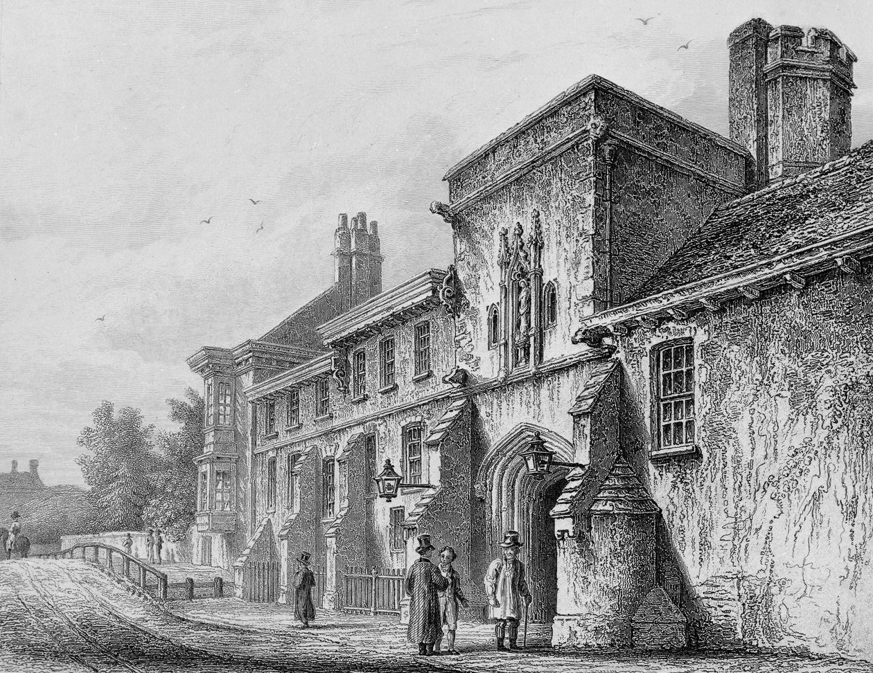 College Gate og Wardens Lodge Winchester, ca. 1830 af Owen Brown Carter