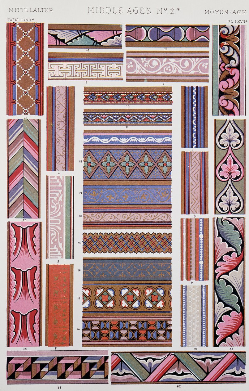 Middelalderlig dekoration, plade LXVII fra Grammar of Ornament, af Owen Jones (1809-1874), London af Owen Jones