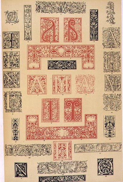 Eksemplarer af typografiske udsmykninger fra 1500-tallets Italien og Frankrig, udgivet af Aldine, Giunta og Stephan, kapitel XIX, plade XC, fra 