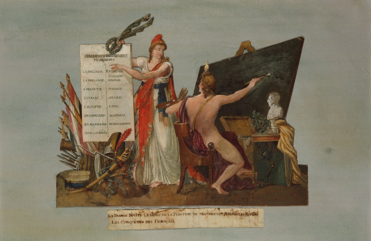 Frankrig inviterer maleriets geni til at overføre historien om franske erobringer og hæres sejre til fremtidige generationer, ca. 1800 (gouache) af P. A. and J.B. Lesueur