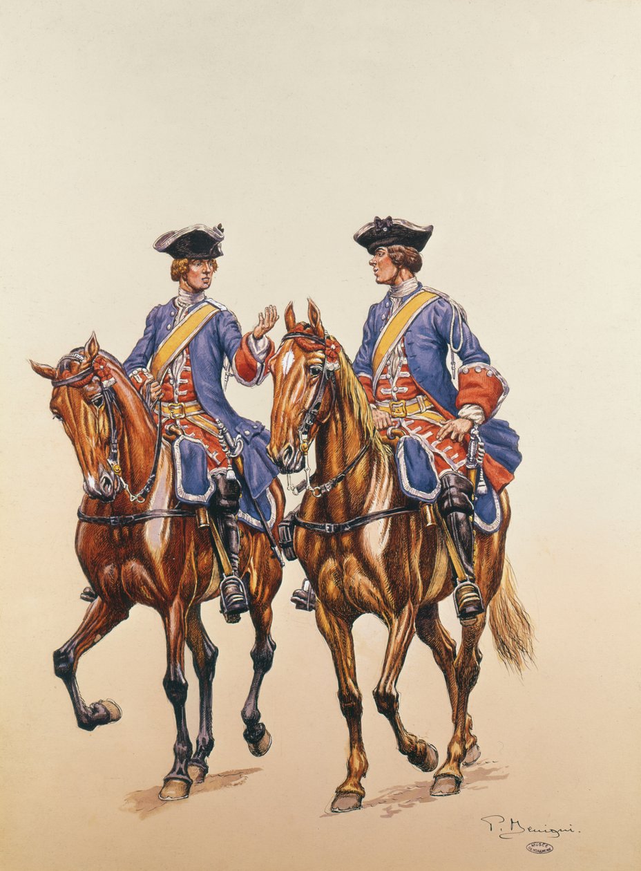 Vice-sergent og bueskytte for den beredne politistyrke i lIle de France, ca. 1750 (wc på papir) af P. Benigni