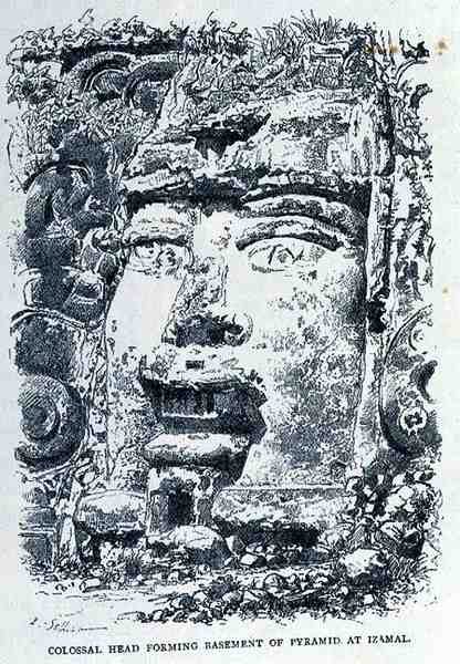 Kolossalt hoved, der danner base af pyramide i Izamal, fra The Ancient Cities of the New World, af Claude-Joseph-Desire Charnay, pub. 1887 af P. after Sellier
