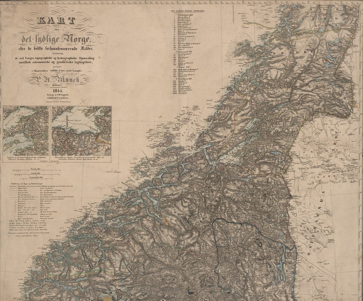 Kortet blev udgivet i Oslo (1845) og viser det sydlige Norge af P.A. Munch