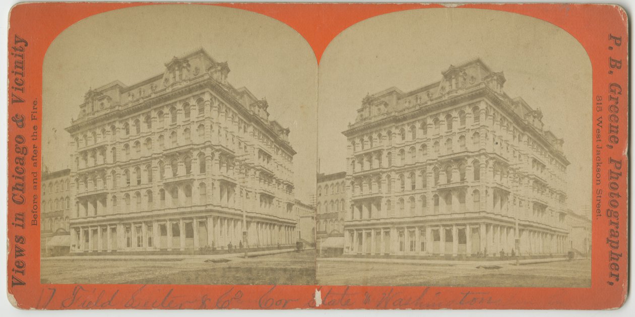 Field, Leiter & Company butik på hjørnet af State og Washington Streets, Chicago, ca. 1869 af P.B. Greene