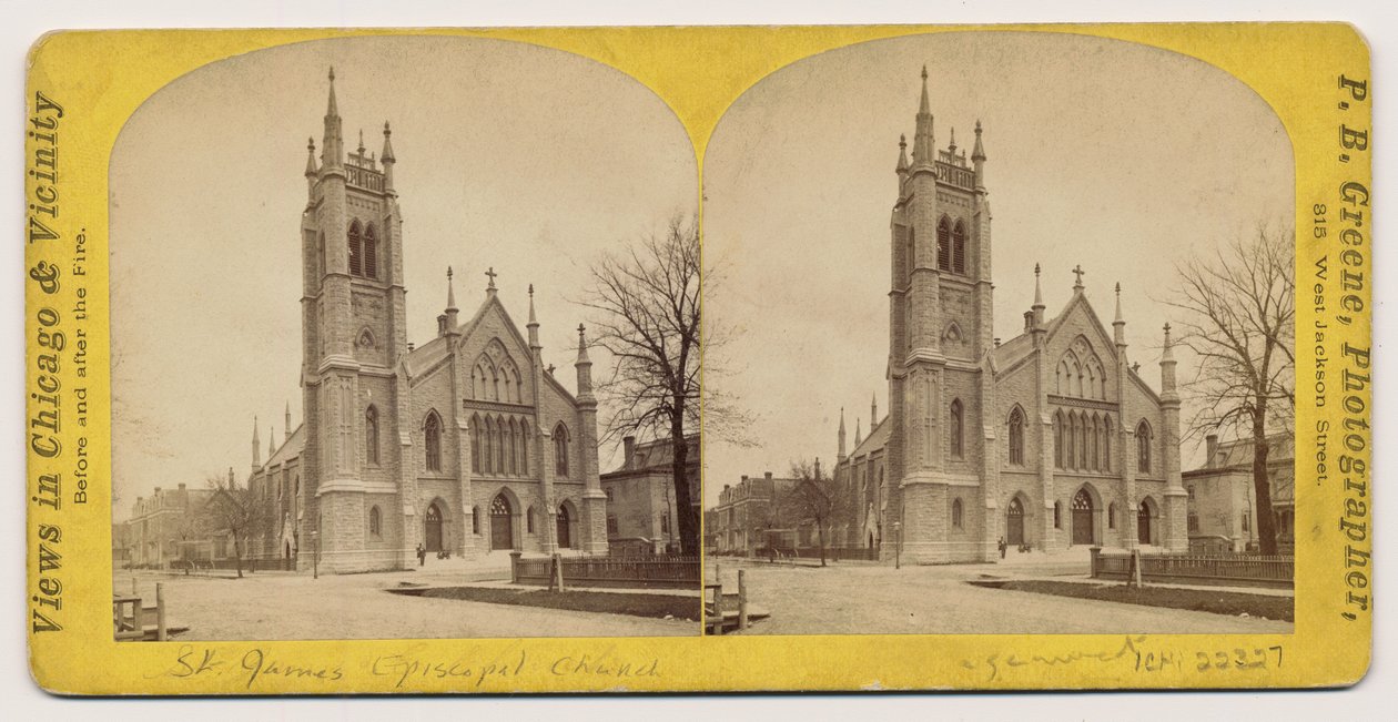 Stereograf af St. James Episcopal Church før Chicago-branden i 1871, 1871 (bw-foto på kortholder) af P.B. Greene