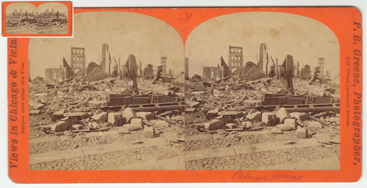 Stereograf af Palmer House efter Chicago-branden i 1871, 1871 (bw-foto på kortholder) af P.B. Greene
