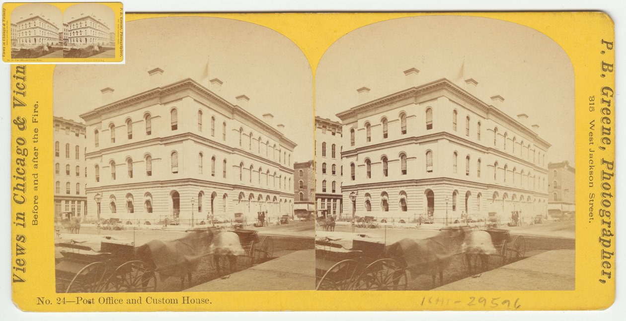 Stereograf af postkontoret og toldhuset før Chicago-branden i 1871, 1871 (bw-foto på kortholder) af P.B. Greene