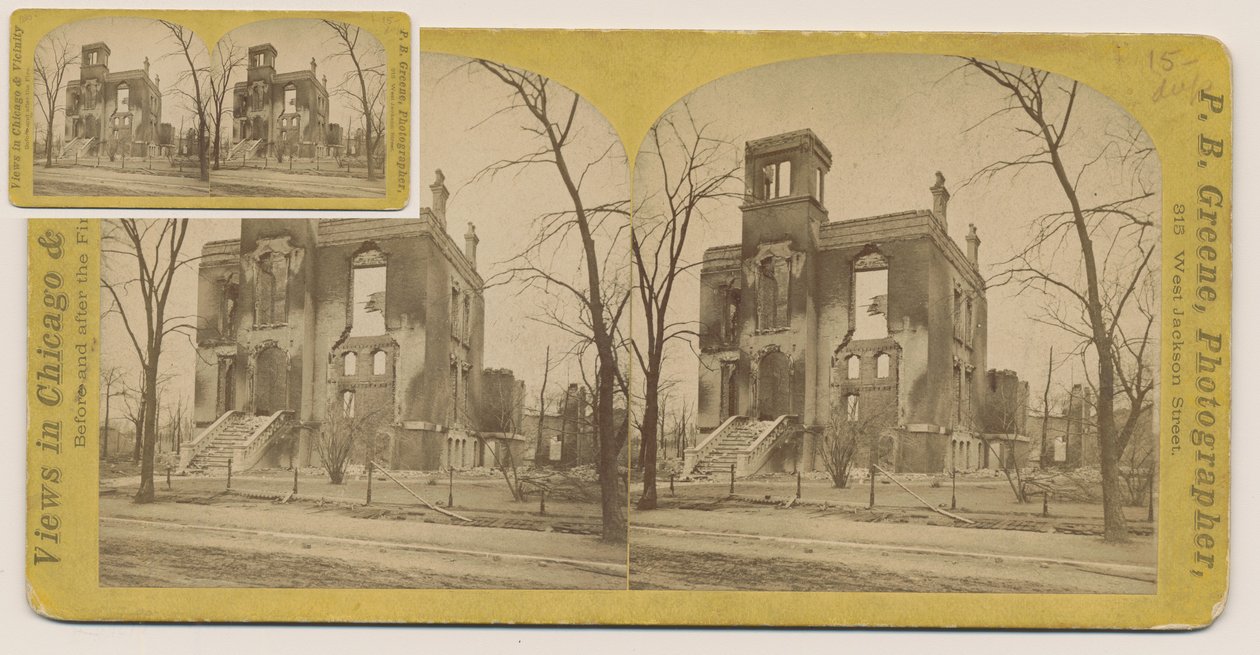 Stereograf af Rumsey-huset efter Chicago-branden i 1871, 1871 (bw-foto på kortholder) af P.B. Greene