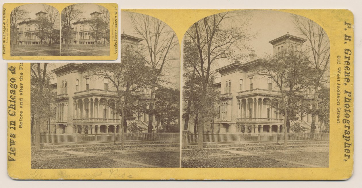 Stereograf af Rumsey-huset før Chicago-branden i 1871, 1871 (bw-foto på kortholder) af P.B. Greene