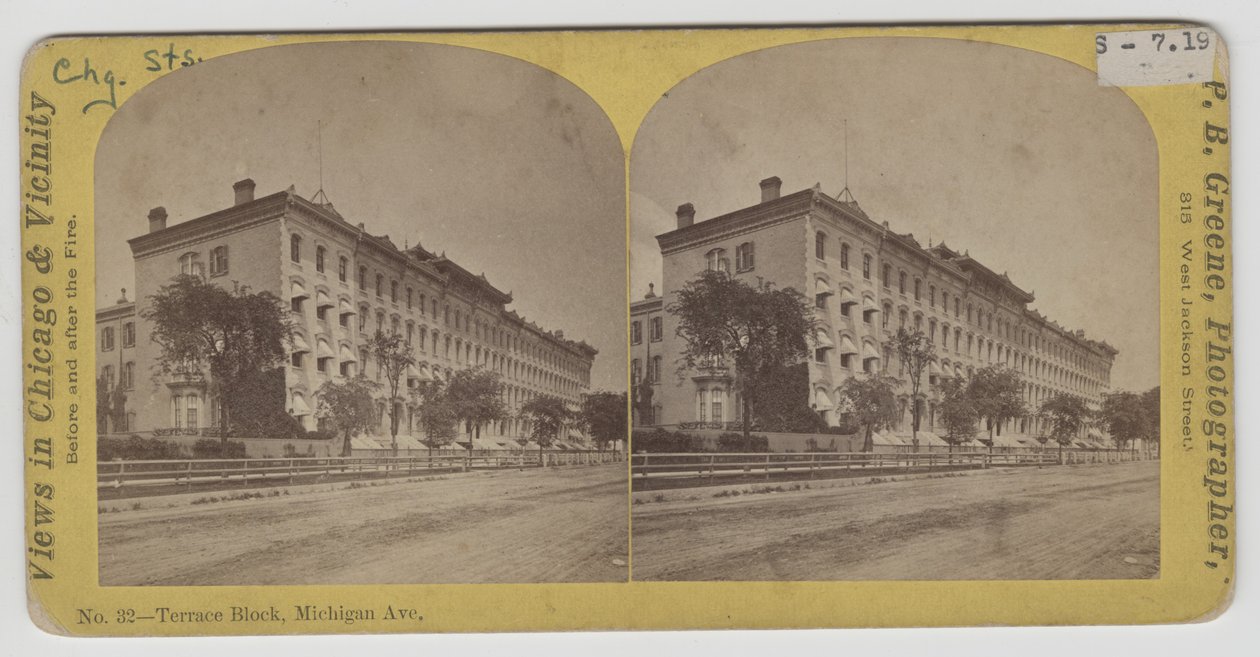 Stereografisk udsigt over Terrace Block på Michigan Avenue før Chicago-branden i 1871 af P.B. Greene