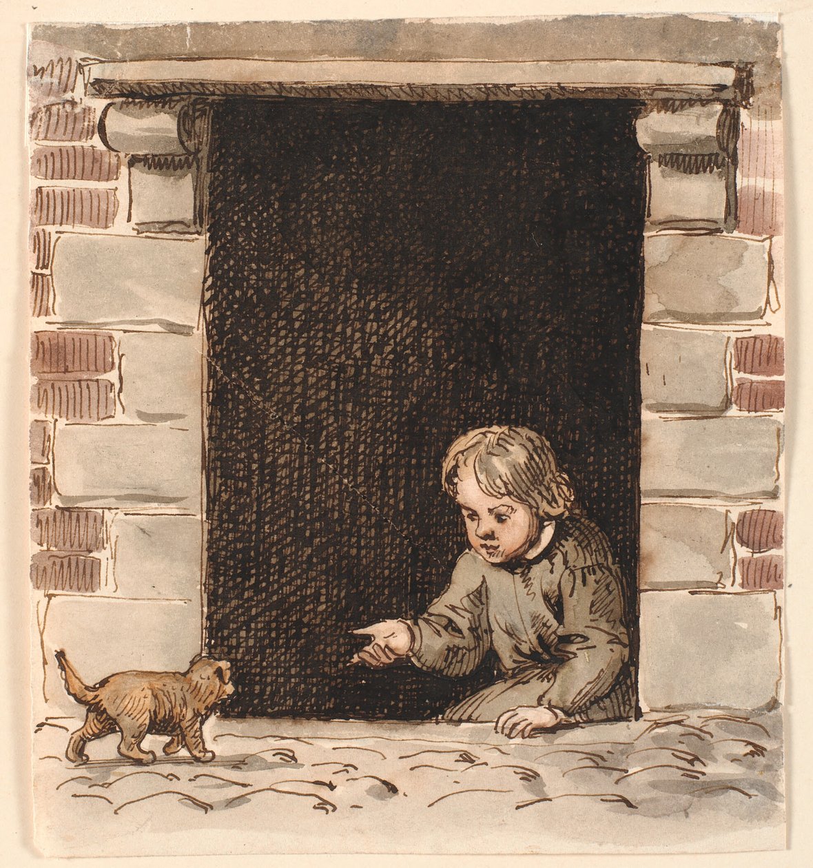 En dreng, der sidder i en kælderdør, lokker for en hundehvalp. af P.C. Skovgaard
