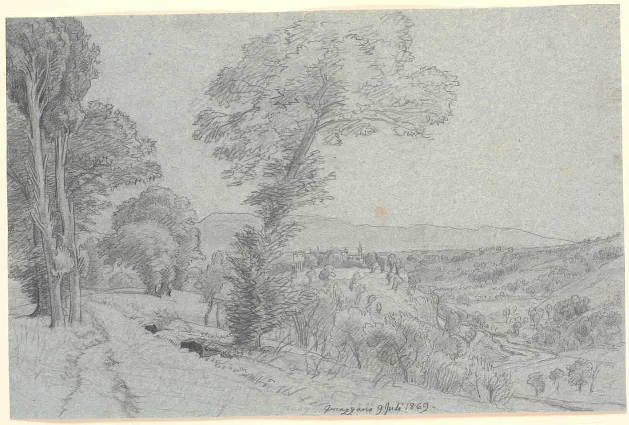 Italiensk bjerglandskab med udsigt mod "Genazzano 9 Juli 1869.". af P.C. Skovgaard