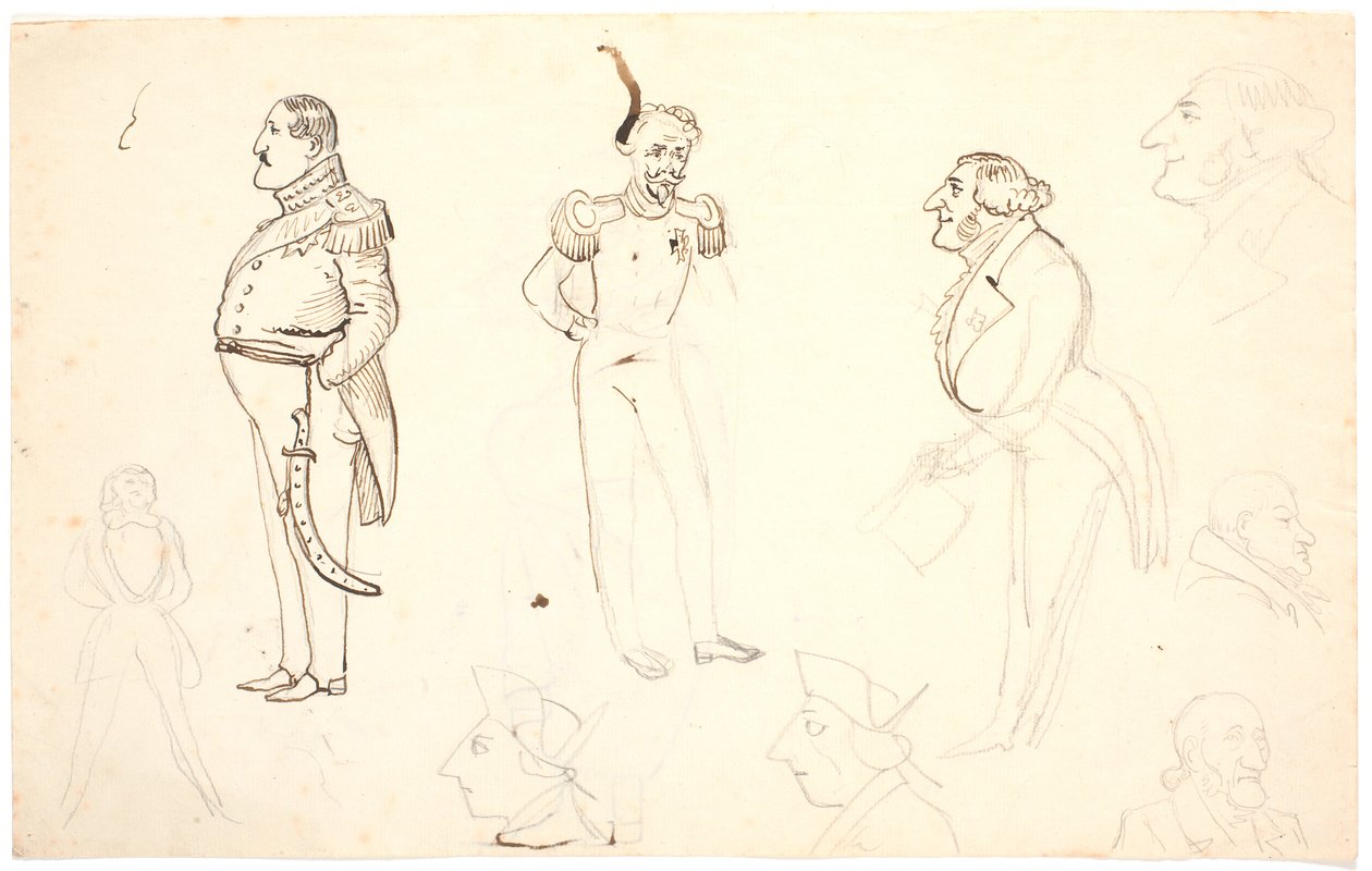 Karikatur af Frederik VII og andre, bl.a. Grundtvig, sandsynligvis Orla Lehmann m.fl. af P.C. Skovgaard