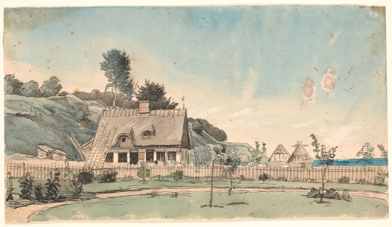 Kystlandskab med stråtækte huse. af P.C. Skovgaard