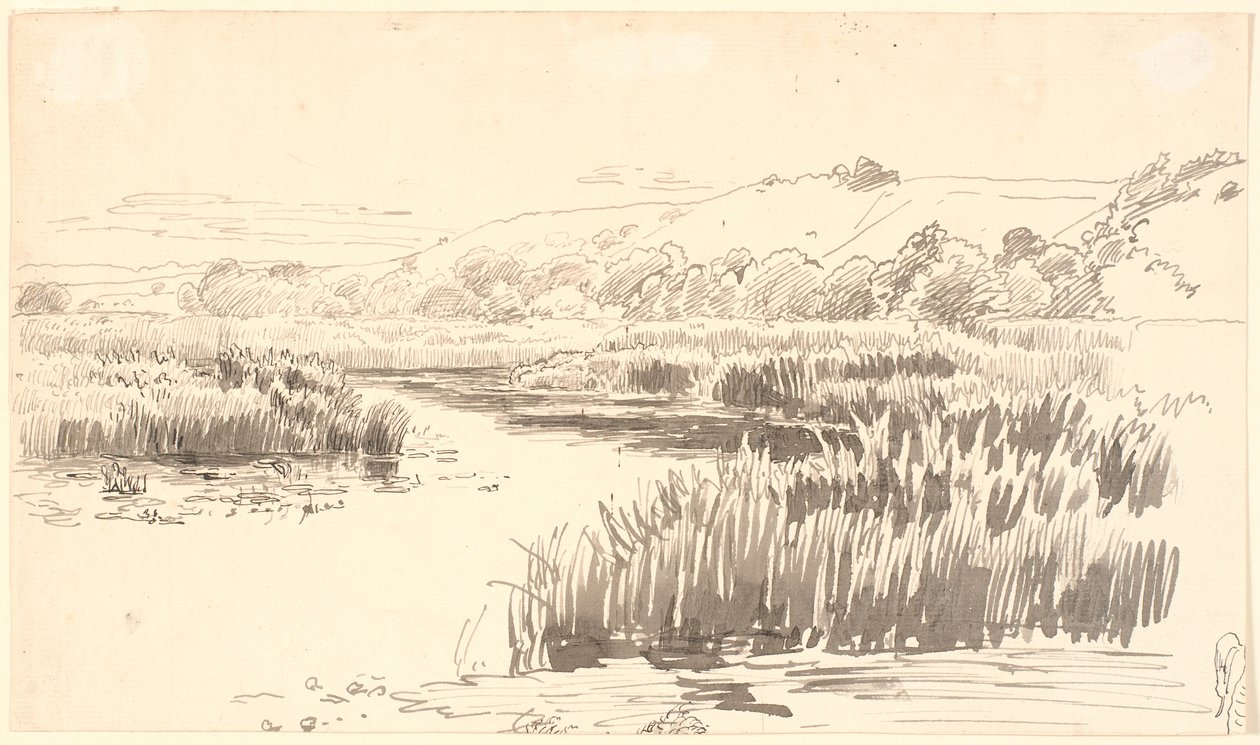 Landskab med en å langs hvis bredde der gror høje siv. Bakker i baggrunden. Formentlig Vejle af P.C. Skovgaard