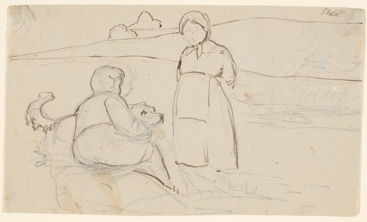 Siddende dreng med hund og stående pige i et landskab. af P.C. Skovgaard