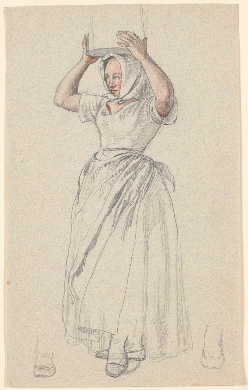 Stående bondepige med et mælkekar på hovedet. af P.C. Skovgaard