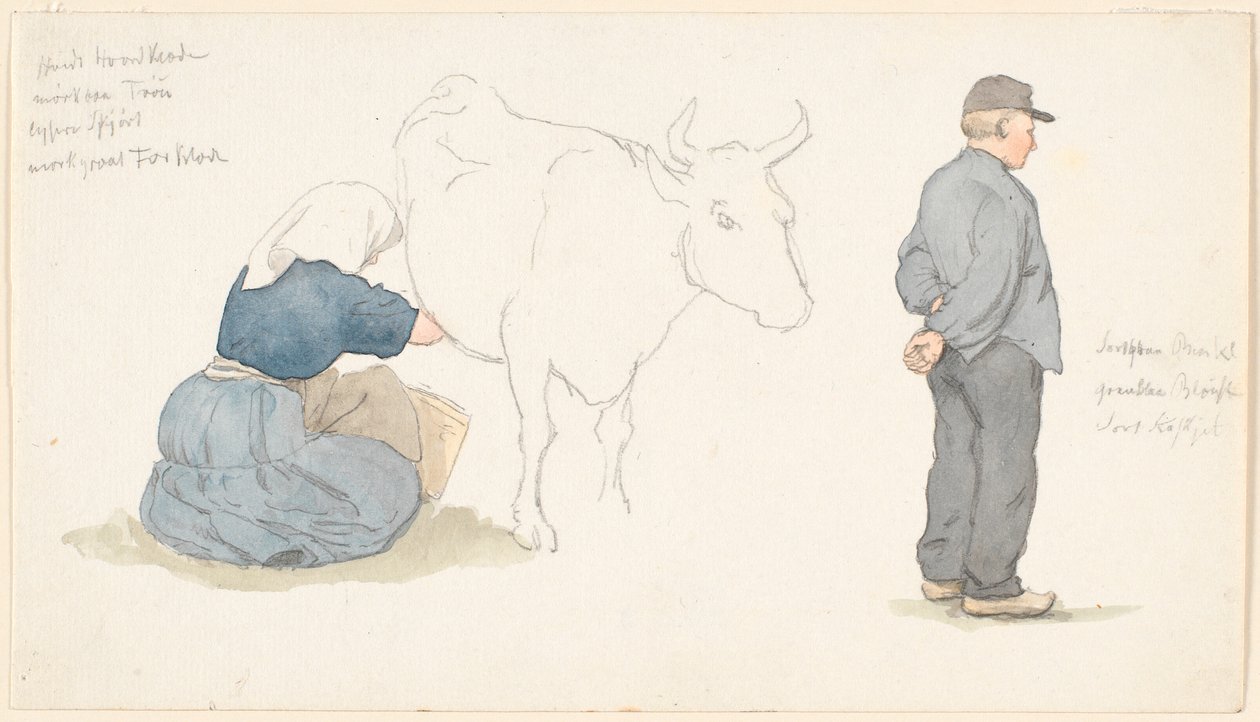 Studieblad med pige, der malker en ko, t.h. stående bonde. af P.C. Skovgaard