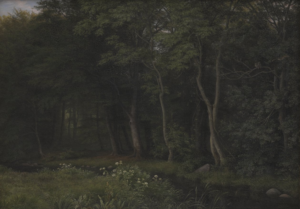Twilight Setting in a Wood nær Iselingen Gods, Sjælland af P.C. Skovgaard